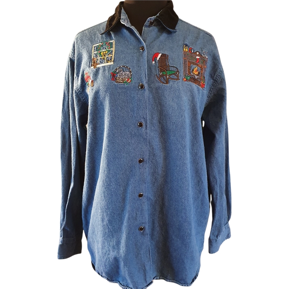 Bill Blass Jeans Vintage Embroidered Christmas Jean Denim Button Up Shirt